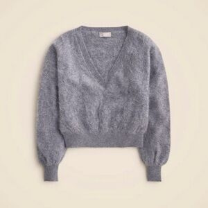 J. Crew NWT Brushed Cashmere Cropped V-Neck Sweater in Heather Dark Grey Fuzzy